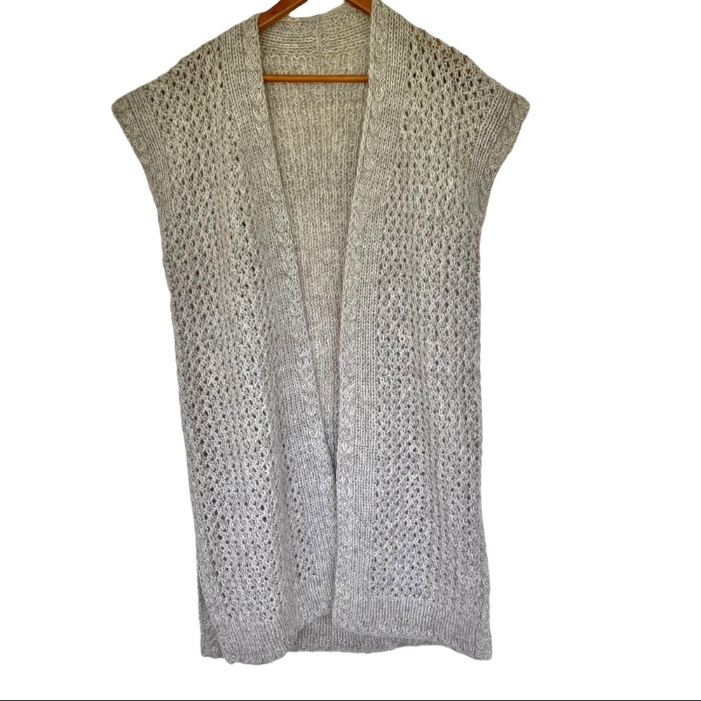 Handmade Knit Loose Weave Tan/Gray Open  Open Front Sleeveless Cardigan O/S